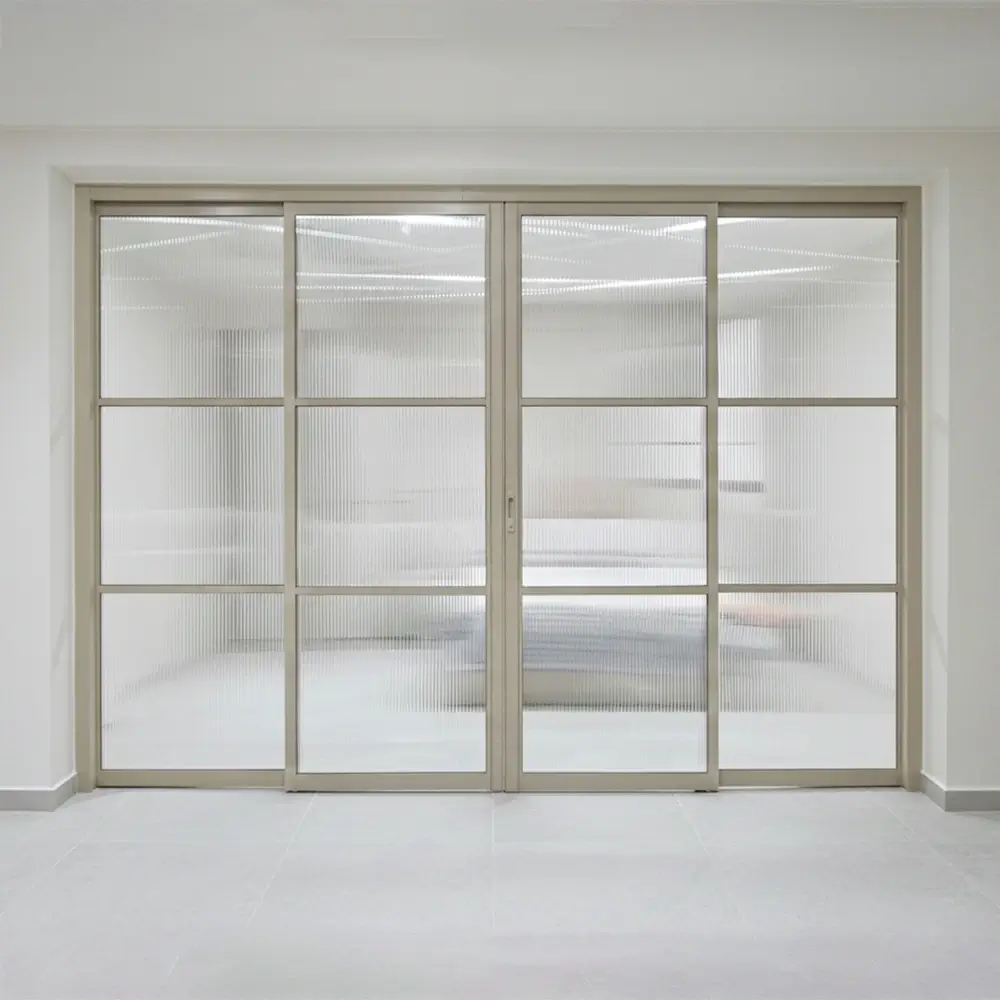 #07 Paper Bark Top Hung Aluminium Framed 4 Panel Divider with 2x Slide to Swing Door (VG5840) with VG Classy Invisible Hinge Swing System in Design L with Panel A: Design Glass BRG Big Reeded (Fluted) Glass for Living Room