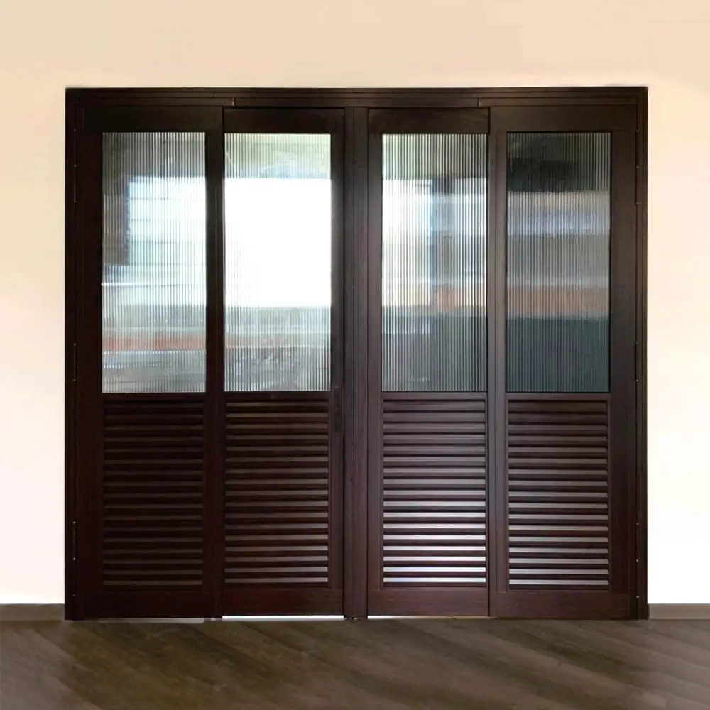 #24 Woodgrain Walnut Top Hung Aluminium Framed 4 Panel Divider with 2x Slide to Swing Door (VG5840) with VG Classy Invisible Hinge Swing System in Design V with Panel A: Design Glass BRG Big Reeded (Fluted) Glass and Panel B: Louvres (with different gap sizes to choose from) for Living Room