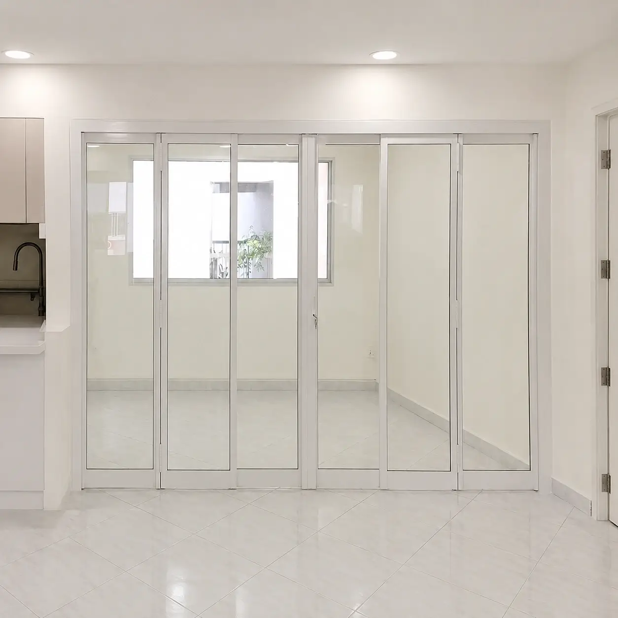 #02 Off White Top Hung Aluminium Framed 6 Panel Divider with 2x 3Panel Folding Doors (VG8840) with Slide to Fold System and Classy Invisible VG Hinge in Design O with Panel A: Design Glass LCG Laminated Safety Clear Glass for Living Room