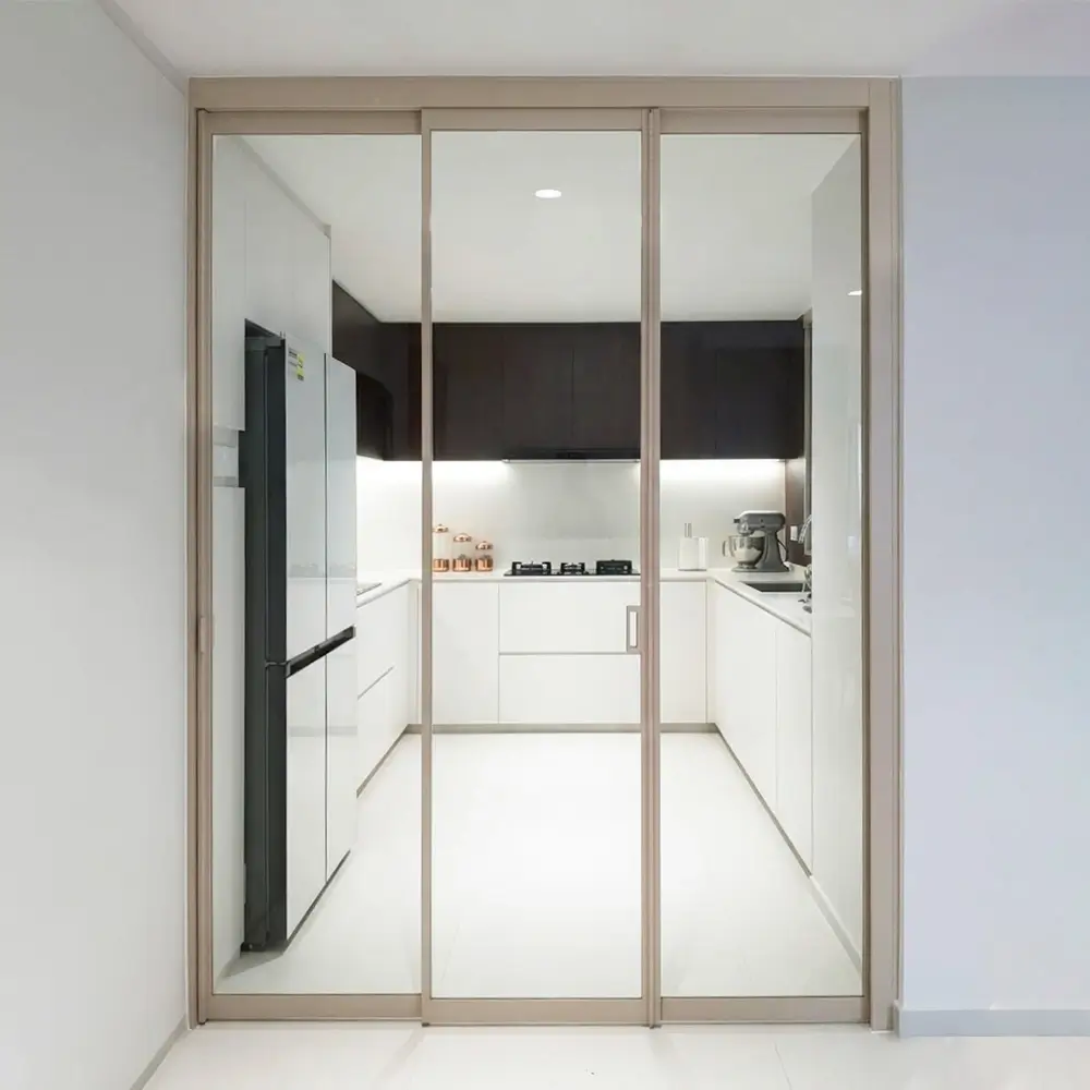 #02 Off White Top Hung Aluminium Framed 3 Panel Folding Door (VG2622) with Slide to Fold System and Classy Invisible VG Hinge in Design O with Panel A: Design Glass LCG Laminated Safety Clear Glass for Living Room and Kitchen
