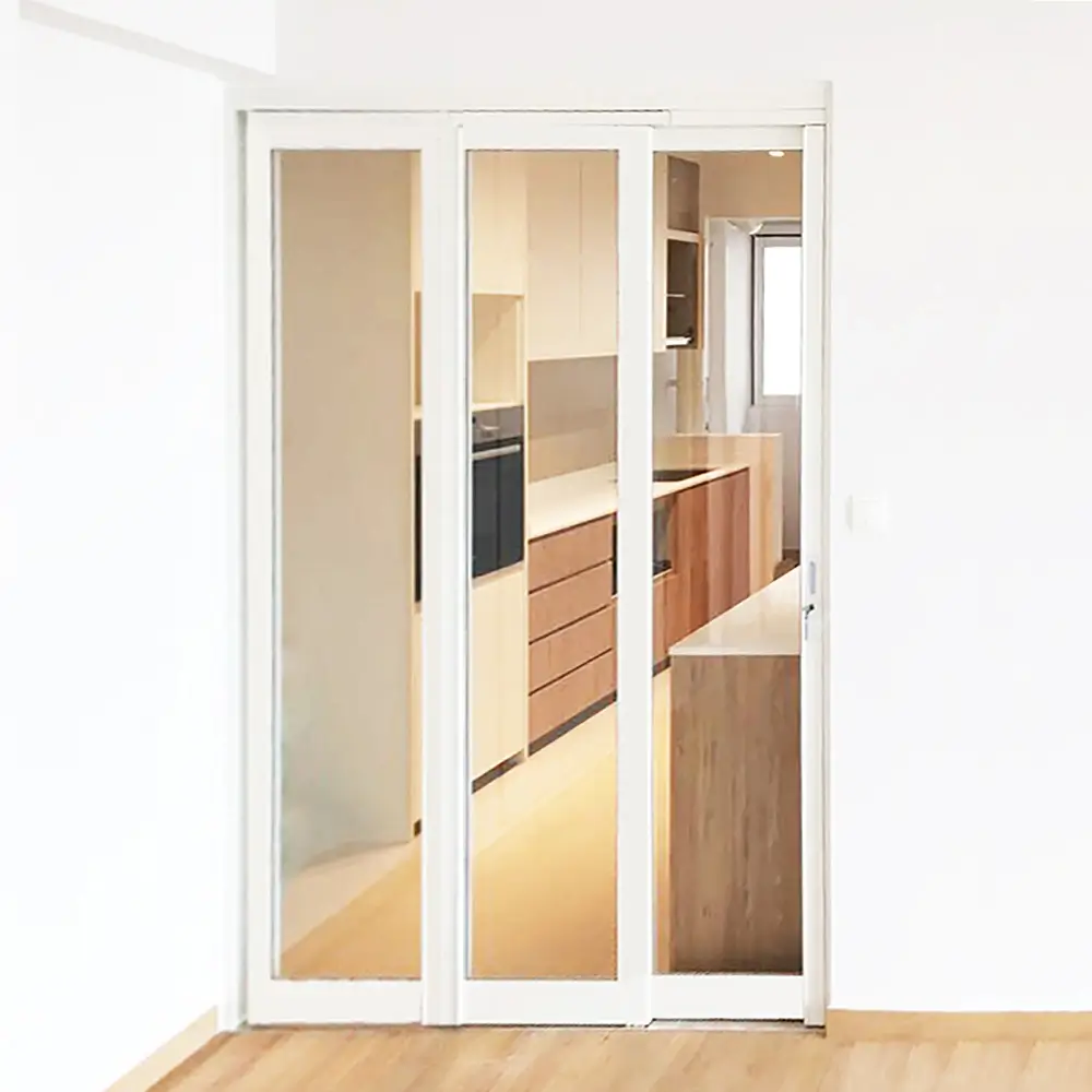 #02 Off White Top Hung Aluminium Framed 3 Panel Folding Door (VG2840) with Slide to Fold System and Classy Invisible VG Hinge in Custom Design with Panel A: Design Glass LCG Laminated Safety Clear Glass and    for Living Room and Kitchen