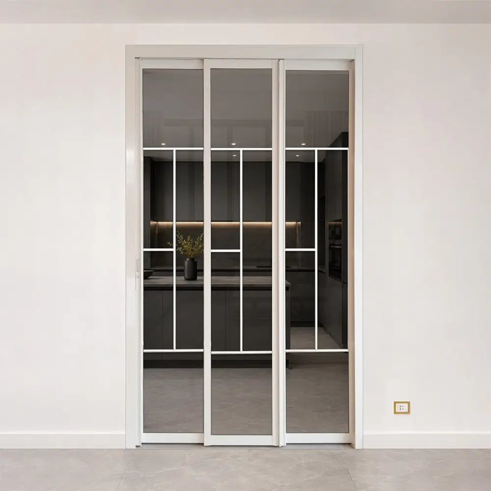 #02 Off White Top Hung Aluminium Framed 3 Panel Folding Door (VG2840) with Slide to Fold System and Classy Invisible VG Hinge in Custom Design with Panel A: Design Glass LCG Laminated Safety Clear Glass for Living Room and Kitchen