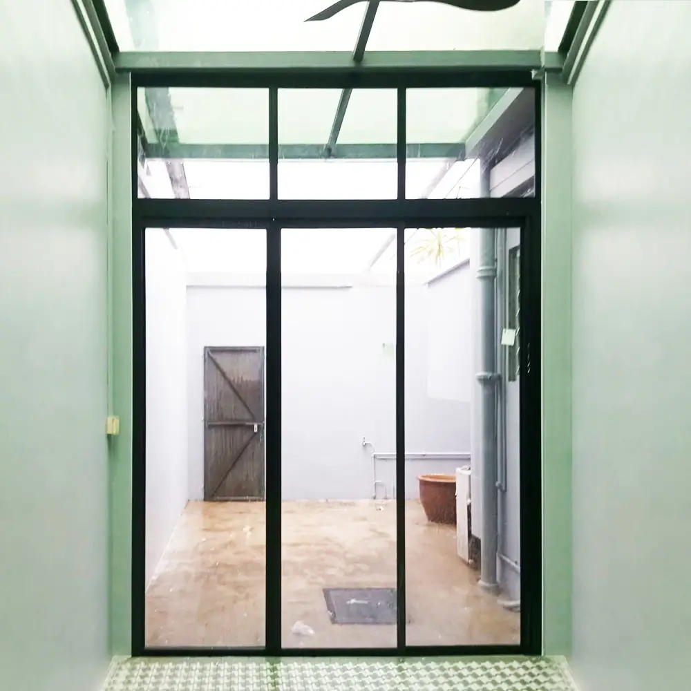 #10 Black Top Hung Aluminium Framed 3 Panel Folding Door (VG2622) with Slide to Fold System and Classy Invisible VG Hinge in Design L with Panel A: Design Glass LCG Laminated Safety Clear Glass for Living Room and Kitchen
