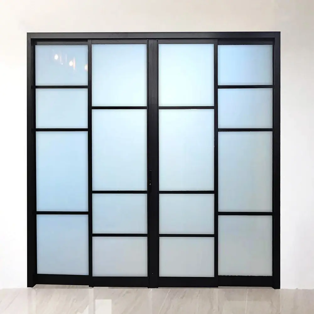 #10 Black Top Hung Aluminium Framed 4 Panel Divider with 2x Slide to Swing Door (VG5822) with VG Classy Invisible Hinge Swing System in Custom Design with Panel A: Design Glass LFG Laminated Safety Frosted Glass for Living Room