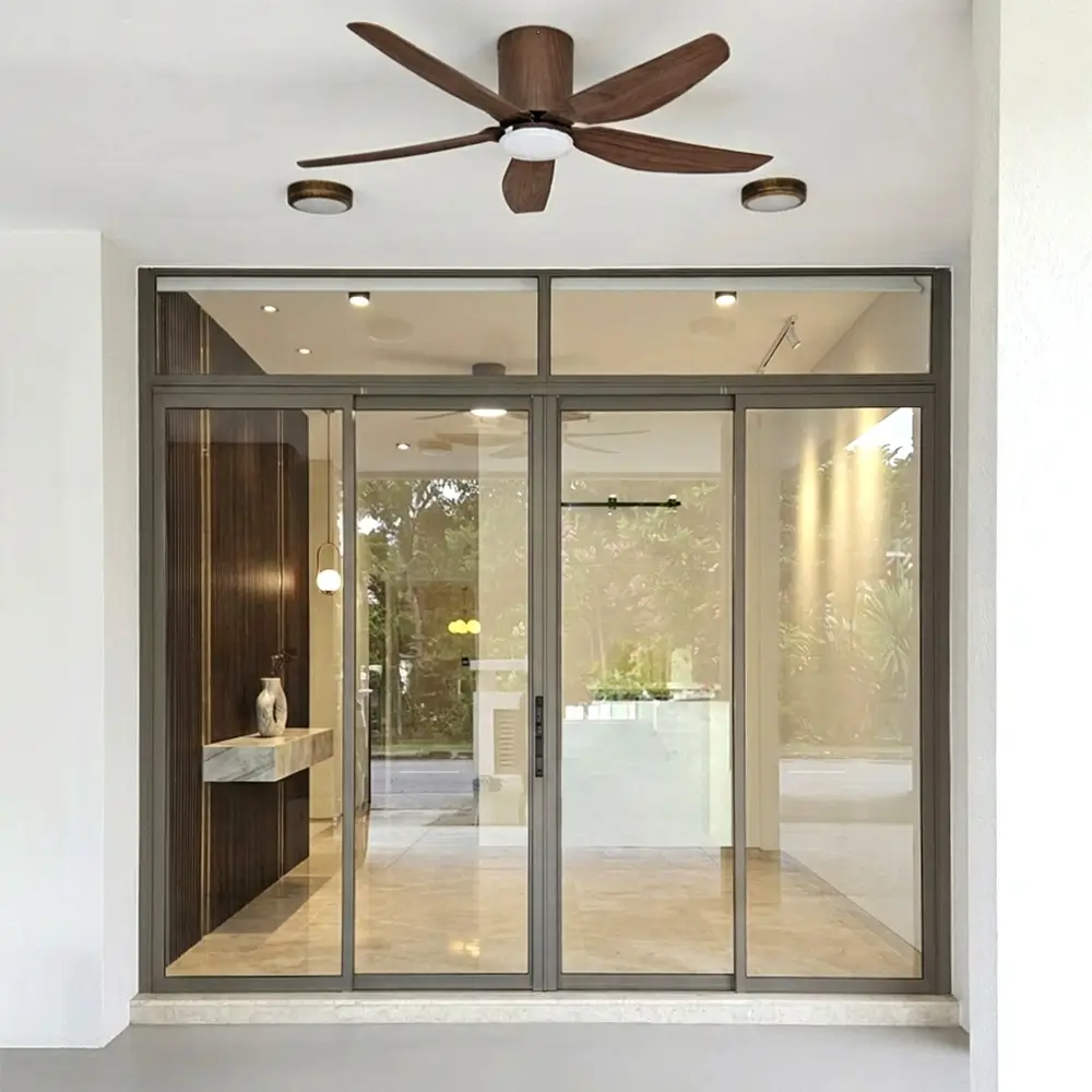 #08 Beige Grey Top Hung Aluminium Framed 4 Panel Divider with 2x Slide to Swing Door (VG5840) with VG Classy Invisible Hinge Swing System in Design O with Panel A: Design Glass LCG Laminated Safety Clear Glass and Box Up for Living Room