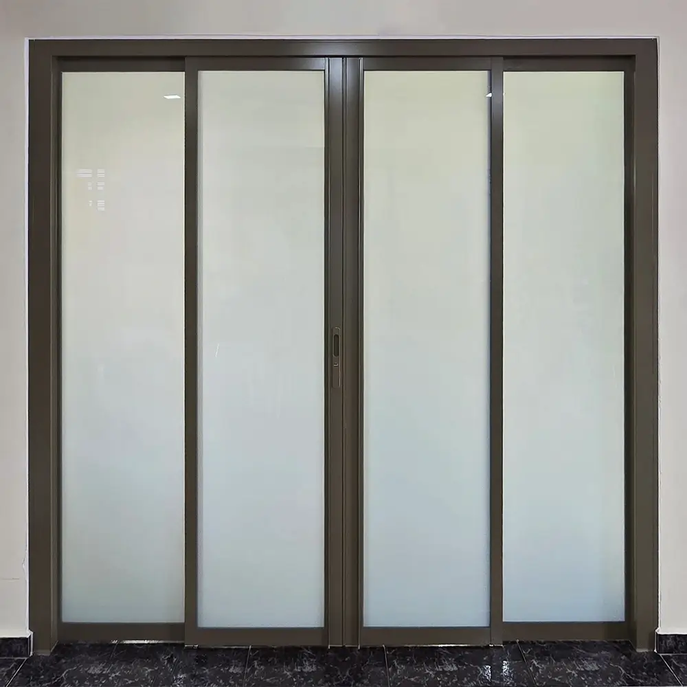 #08 Beige Grey Top Hung Aluminium Framed 4 Panel Divider with 2x Slide to Swing Door (VG5840) with VG Classy Invisible Hinge Swing System in Design O with Panel A: Design Glass LFG Laminated Safety Frosted Glass for Living Room