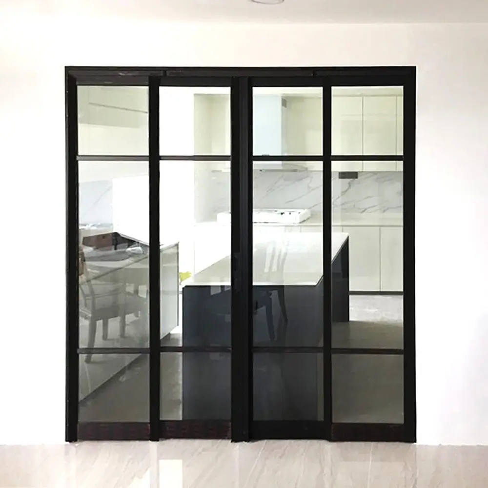 #10 Black Top Hung Aluminium Framed 4 Panel Divider with 2x Slide to Swing Door (VG5840) with VG Classy Invisible Hinge Swing System in Custom Design with Panel A: Design Glass LCG Laminated Safety Clear Glass for Living Room
