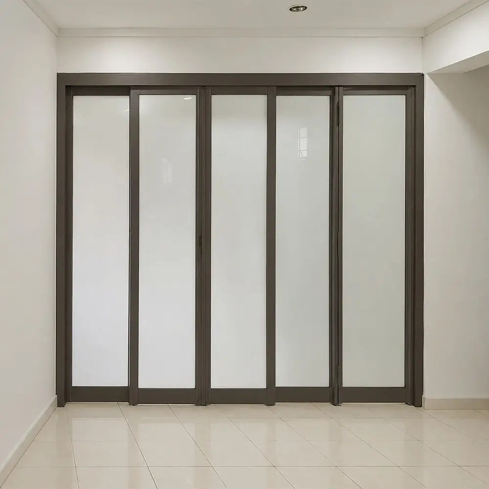 #08 Beige Grey Top Hung Aluminium Framed 5 Panel Divider with 1x Slide to Swing Door and 1x Slide to Fold Door (VG6840) with Slide & Swing and Slide-to-Fold Door System and Classy Invisible VG Hinges in Design O with Panel A: Design Glass LFG Laminated Safety Frosted Glass for Living Room