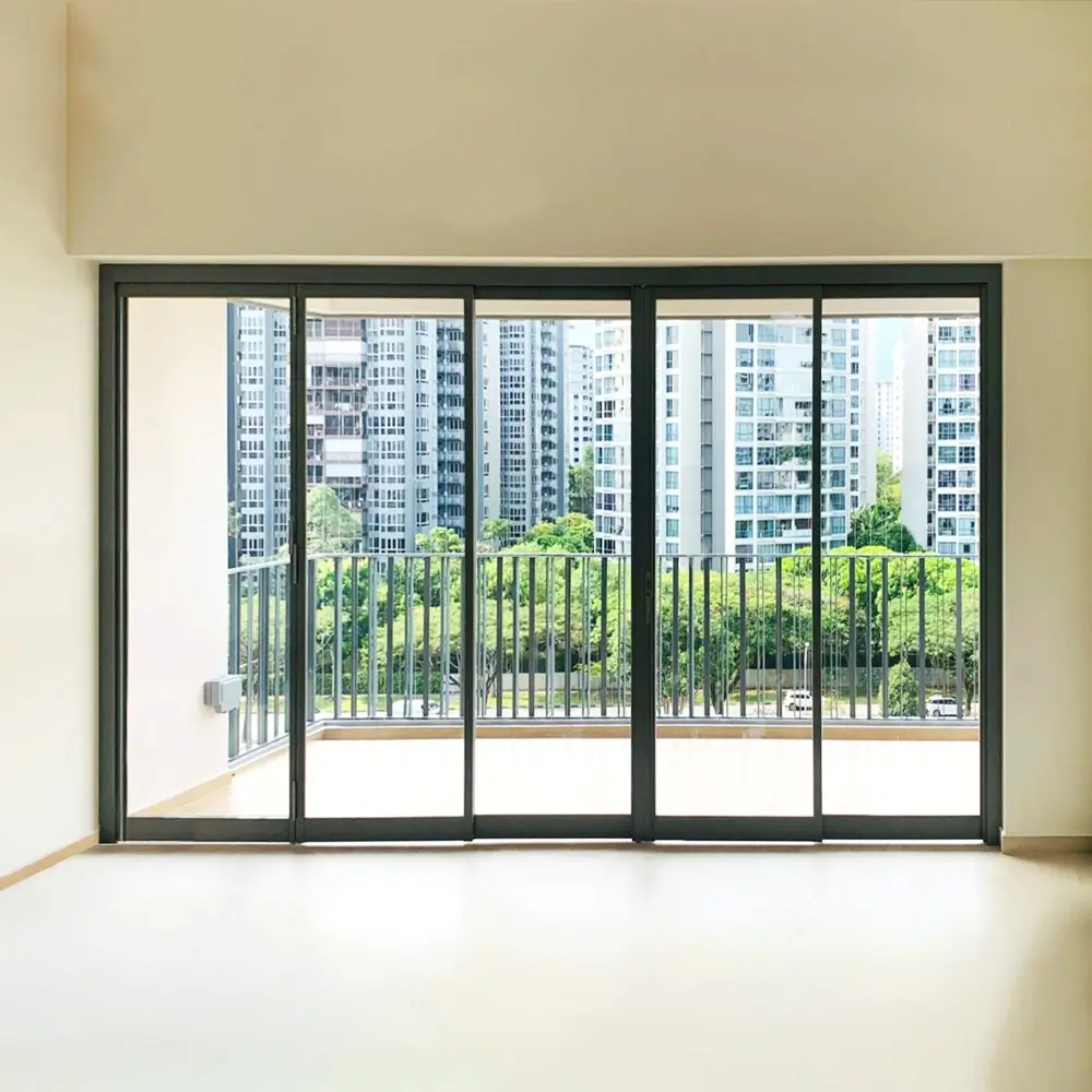#10 Black Top Hung Aluminium Framed 5 Panel Divider with 1x Slide to Swing Door and 1x Slide to Fold Door (VG6840) with Slide & Swing and Slide-to-Fold Door System and Classy Invisible VG Hinges in Design O with Panel A: Design Glass LCG Laminated Safety Clear Glass for Living Room