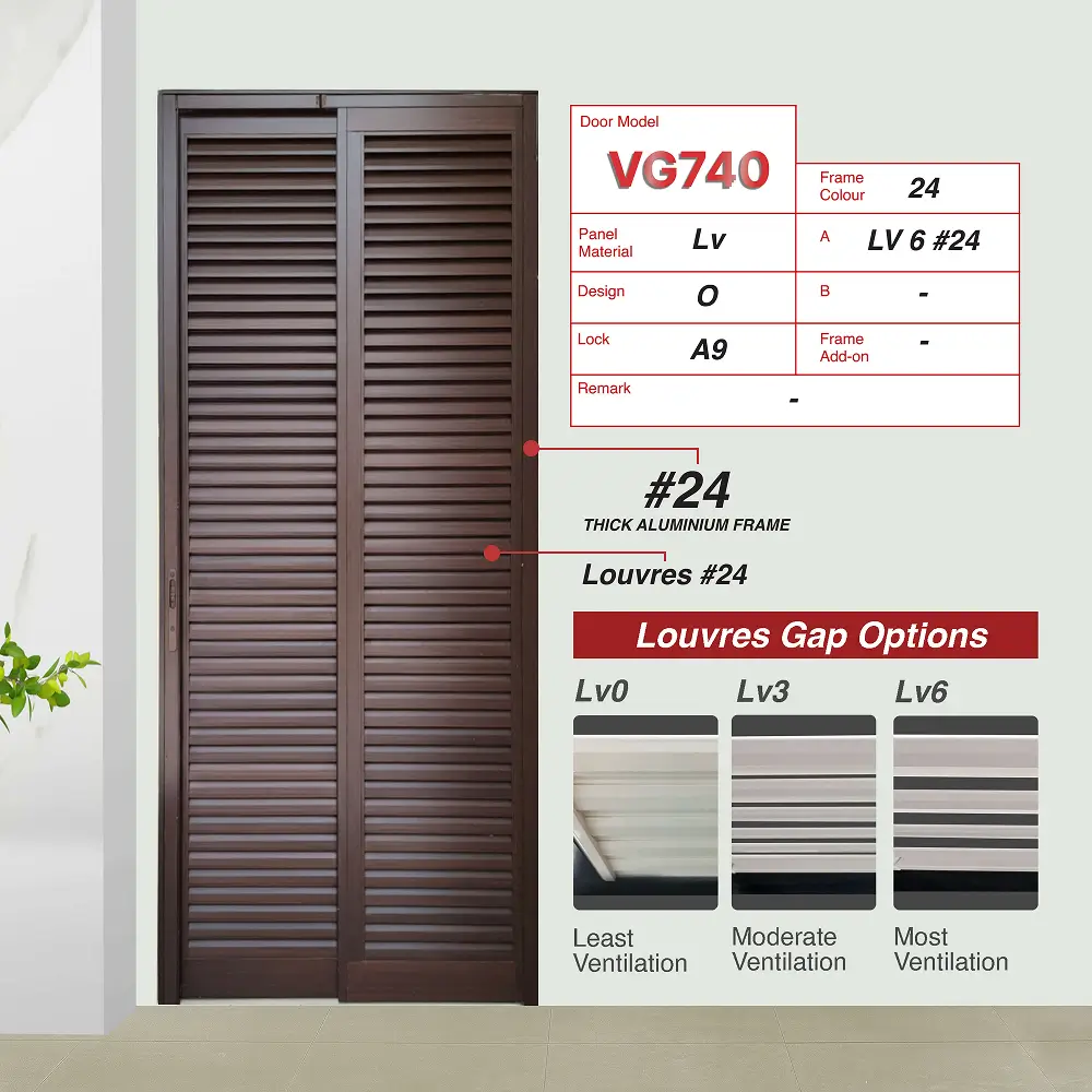 #24 Woodgrain Walnut Top Hung Aluminium Framed Pd Door 4.0 (VG740) with Slide & Swing System with Classy Invisible VG Hinge in Design O with Panel A: Louvres (with different gap sizes to choose from) for Bathroom