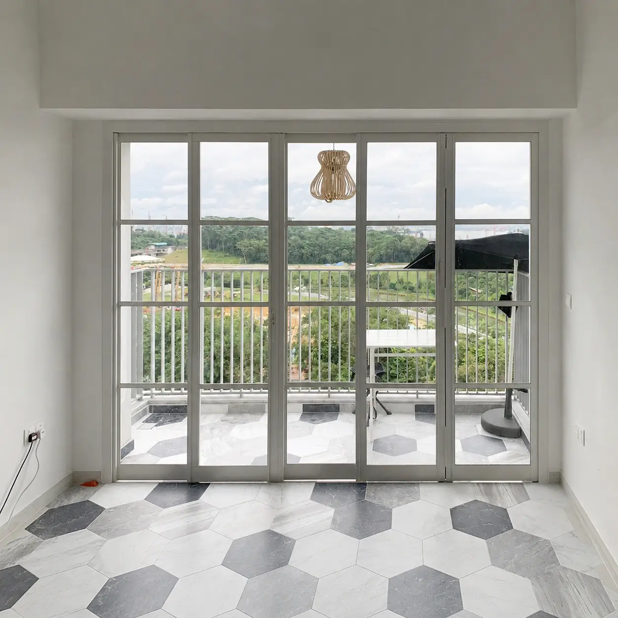 #02 Off White Top Hung Aluminium Framed 5 Panel Divider with 1x Slide to Swing Door and 1x Slide to Fold Door (VG6840) with Slide & Swing and Slide-to-Fold Door System and Classy Invisible VG Hinges in Design K with Panel A: Design Glass LCG Laminated Safety Clear Glass for Living Room
