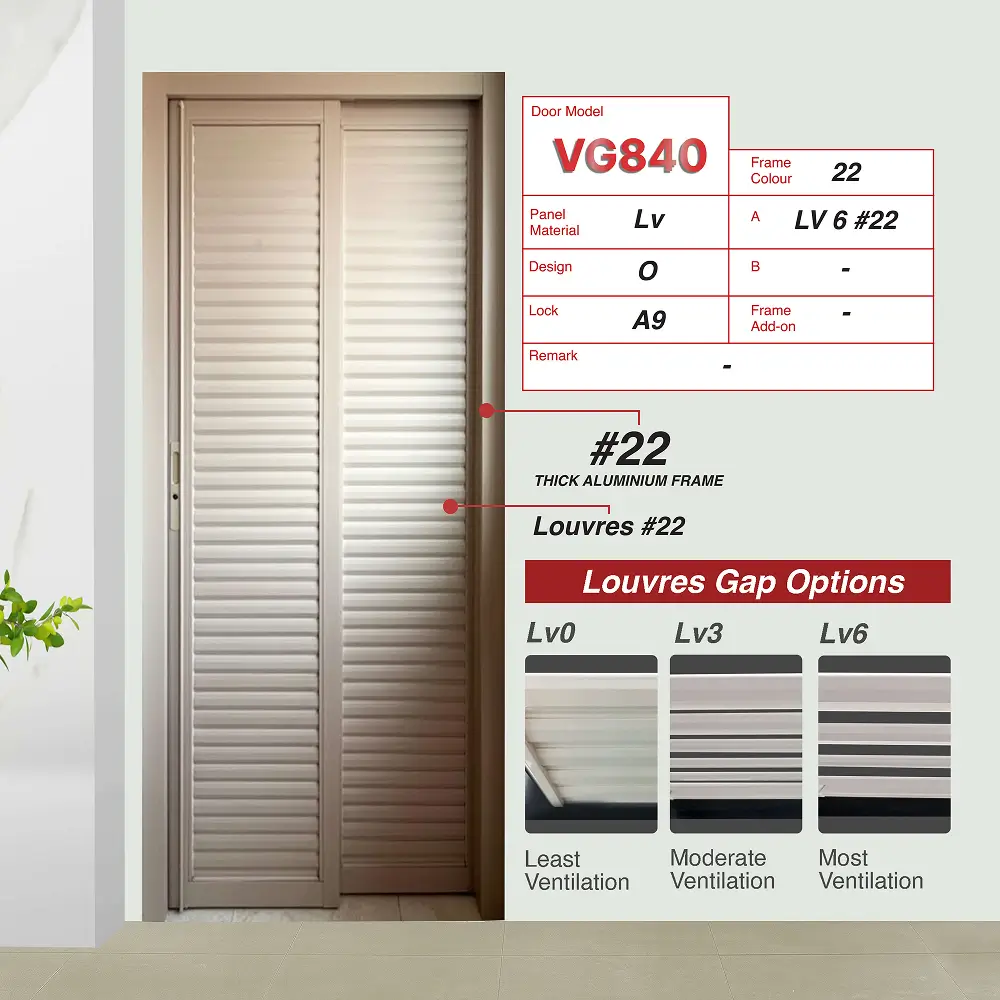 #22 Linen Beige Top Hung Aluminium Framed Pd Door 4.0 (VG840) with Slide & Swing System with Classy Invisible VG Hinge in Design O with Panel A: Louvres (with different gap sizes to choose from) for Bathroom
