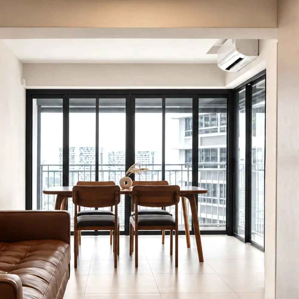 #10 Black Top Hung Aluminium Framed L-Shaped 6-Panel Divider with 2 × 3-Panel Folding Doors and Synchronised 2-Panel Wall Sliding Door (VG8840 + Wx2)  with Slide-to-Fold System with Invisible VG Hinge and Synchronised Sliding System in Design O with Panel A: Design Glass LCG Laminated Safety Clear Glass for Living Room
