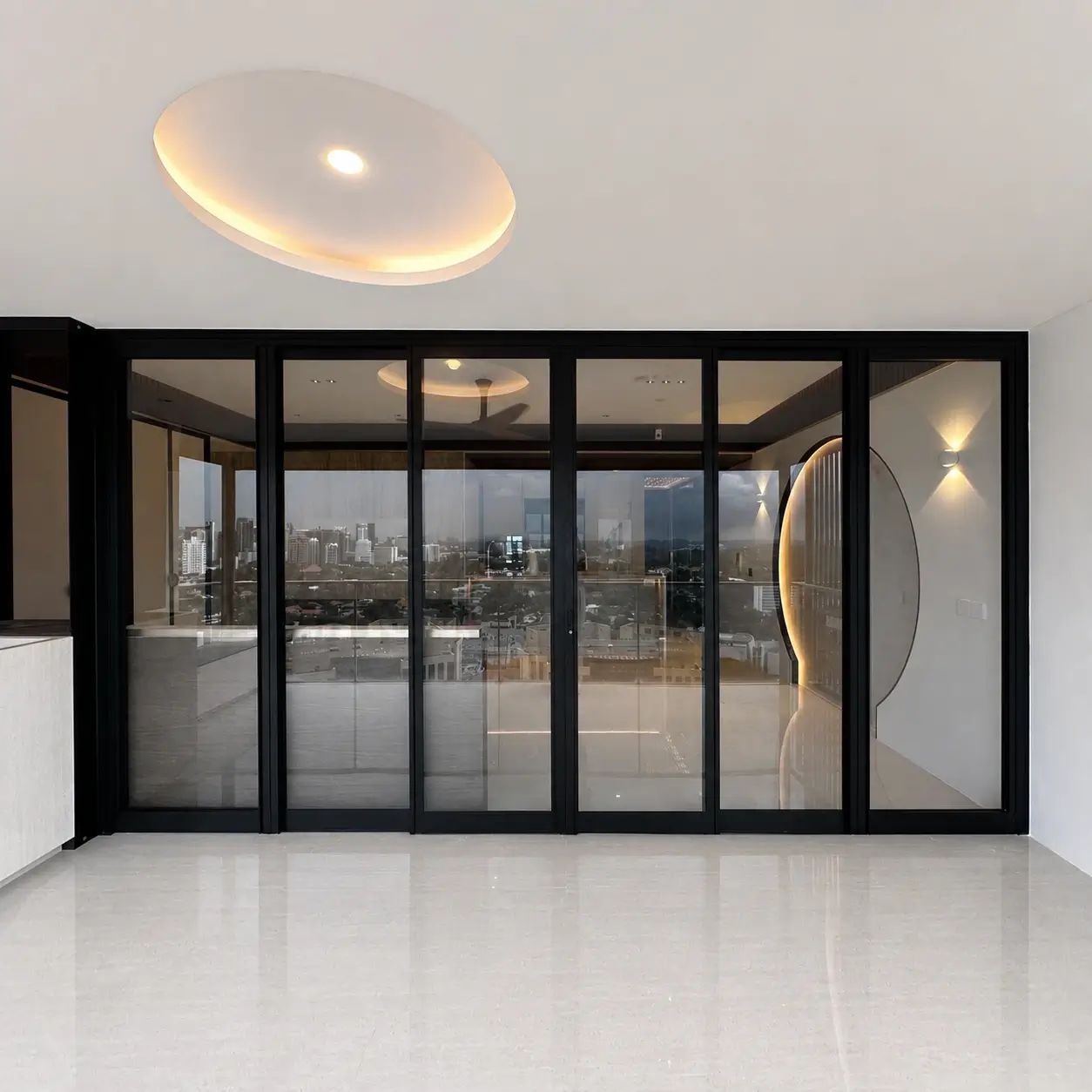 #10 Black Top Hung Aluminium Framed 6 Panel Divider with 2x 3Panel Folding Doors (VG8840) with Slide to Fold System and Classy Invisible VG Hinge in Design O with Panel A: Design Glass LCG Laminated Safety Clear Glass for Living Room