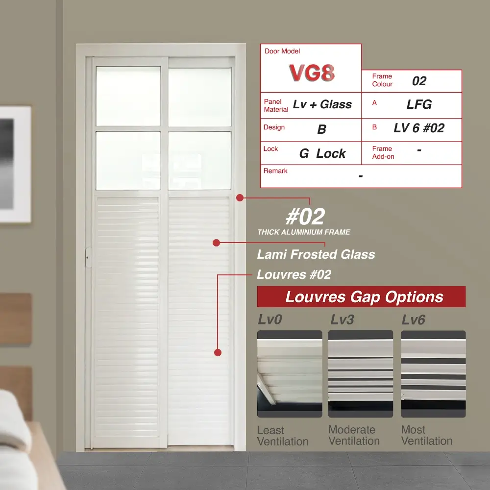 #02 Off White Top Hung Aluminium Framed Pd Door 4.0 (VG8) with Slide & Swing System with Classy Invisible VG Hinge in Design B with Panel A: Glass LFG Laminated Safety Frosted Glass and Panel B: Louvres (with different gap sizes to choose from) for Bathroom