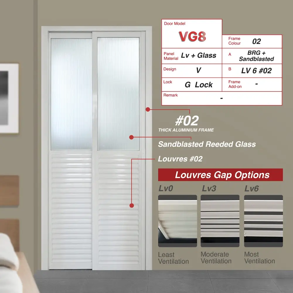 #02 Off White Top Hung Aluminium Framed Pd Door 4.0 (VG8) with Slide & Swing System with Classy Invisible VG Hinge in Design V with Panel A: Glass SBTRG Sandblasted Reeded Glass and Panel B: Louvres (with different gap sizes to choose from) for Bathroom