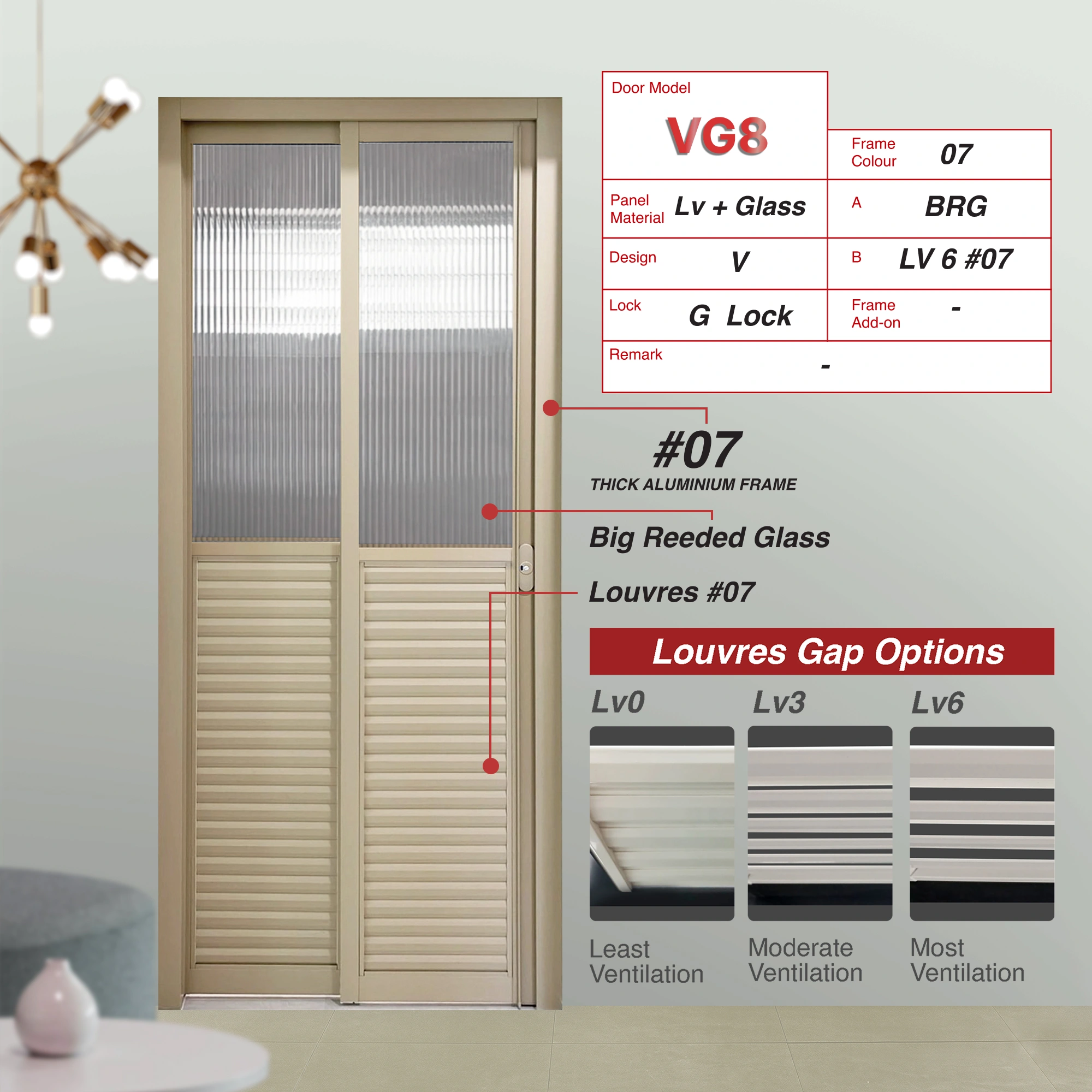 #07 Paper Bark Top Hung Aluminium Framed Pd Door 4.0 (VG8) with Slide & Swing System with Classy Invisible VG Hinge in Design V with Panel A: Glass BRG Big Reeded (Fluted) Glass and Panel B: Louvres (with different gap sizes to choose from) for Bathroom