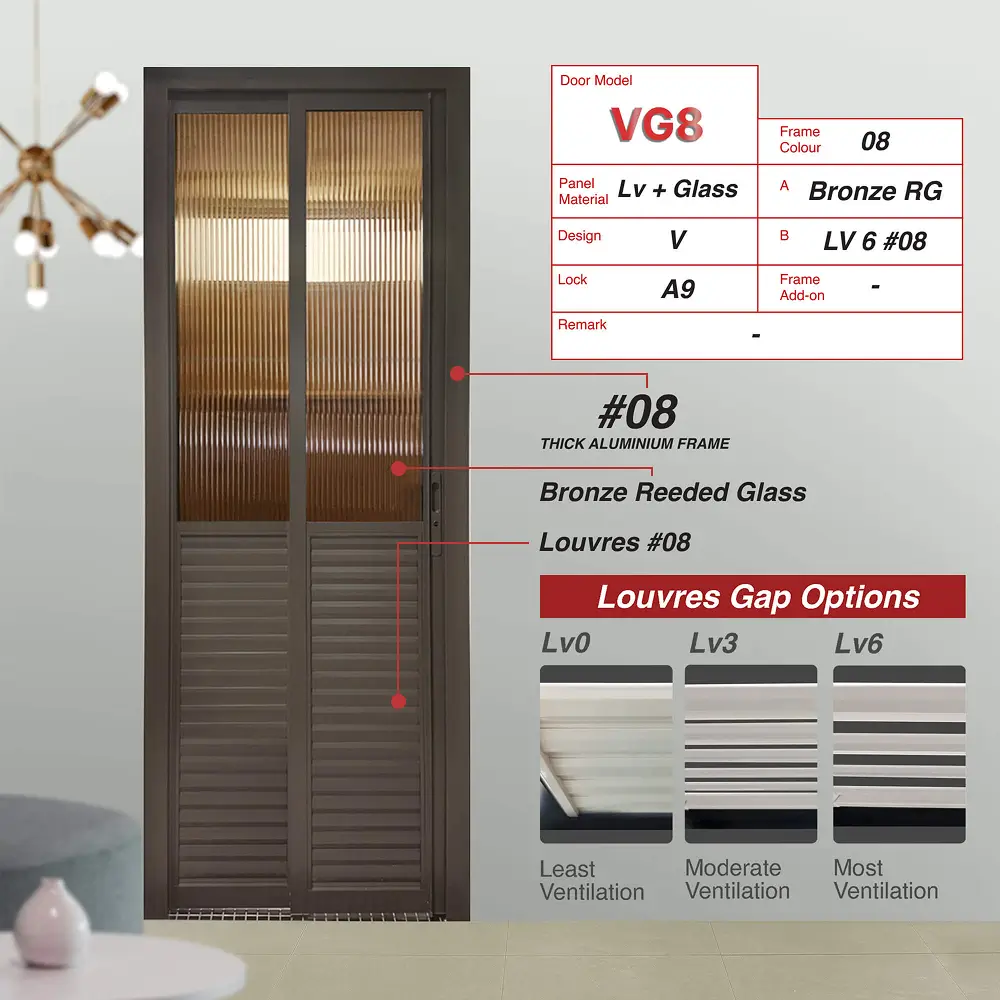 #08 Beige Grey Top Hung Aluminium Framed Pd Door 4.0 (VG8) with Slide & Swing System with Classy Invisible VG Hinge in Design V with Panel A: Glass BrRG Bronze Reeded (Fluted) Glass and Panel B: Louvres (with different gap sizes to choose from) for Bathroom