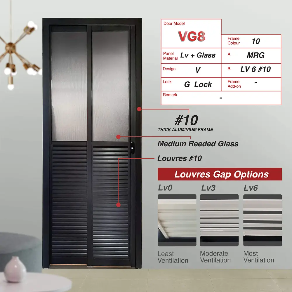 #10 Black Top Hung Aluminium Framed Pd Door 4.0 (VG8) with Slide & Swing System with Classy Invisible VG Hinge in Design V with Panel A: Glass MRG Medium Reeded (Fluted) Glass and Panel B: Louvres (with different gap sizes to choose from) for Bathroom