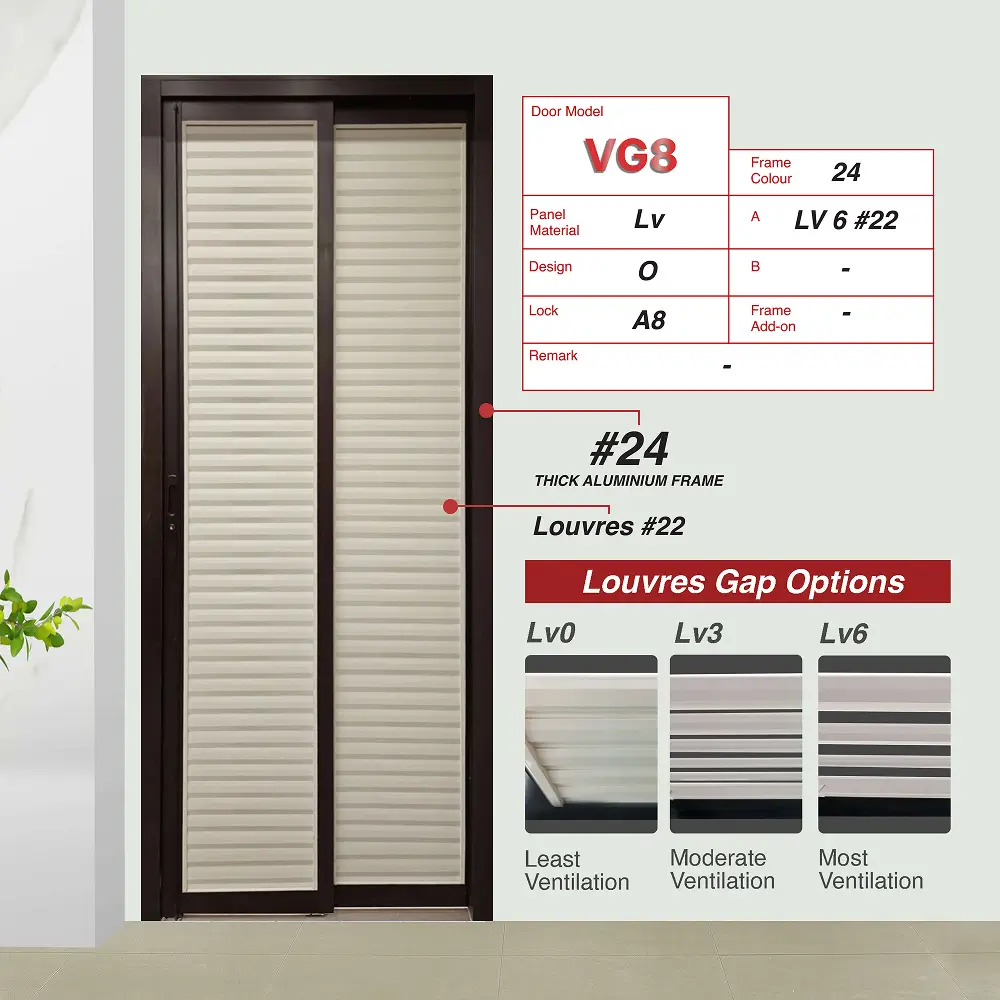#24 Woodgrain Walnut Top Hung Aluminium Framed Pd Door 4.0 (VG8) with Slide & Swing System with Classy Invisible VG Hinge in Design O with Panel A: Louvres (with different gap sizes to choose from) for Bathroom