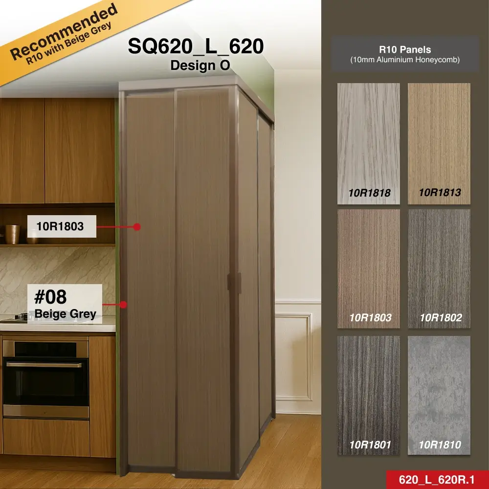 #08 Beige Grey Top Hung Aluminium Framed L Shaped Slide & Swing Door (SQ620_L_620) with Slim Frame Q Hinge Swing System in Design O with Panel A: 10R 1803, A dark brown wooden textured thick waterproof aluminium honeycomb panel for Living Room and Kitchen