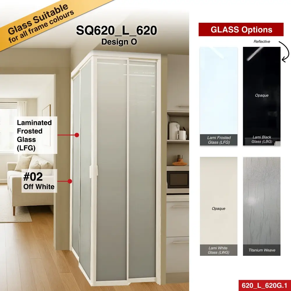 #02 Off White Top Hung Aluminium Framed L Shaped Slide & Swing Door (SQ620_L_620) with Slim Frame Q Hinge Swing System in Design O with Panel A: Design Glass LFG Laminated Safety Frosted Glass for Living Room and Kitchen