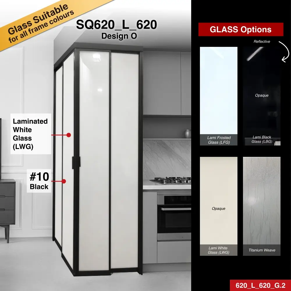 #10 Black Top Hung Aluminium Framed L Shaped Slide & Swing Door (SQ620_L_620) with Slim Frame Q Hinge Swing System in Design O with Panel A: SIJRP Japanese Rice Paper (Si) on Clear Glass, combining soft textured aesthetics with light transmission and added privacy for Living Room and Kitchen