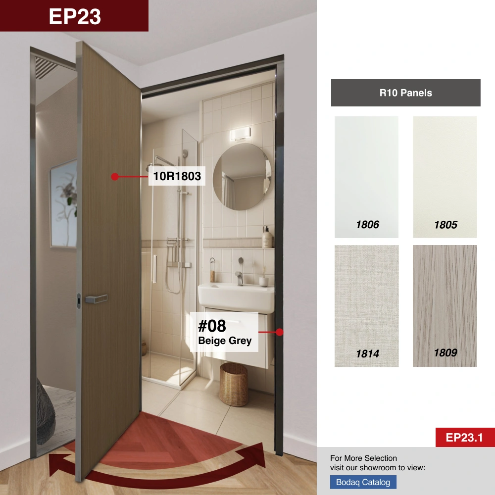 #08 Beige Grey Aluminium Framed Y Door 1 Panel Swing door  with VG Classy Invisible Hinge Swing System in with Panel A: No.23 Door Panel KI051, A greyish metalic textured laminate for Bathroom