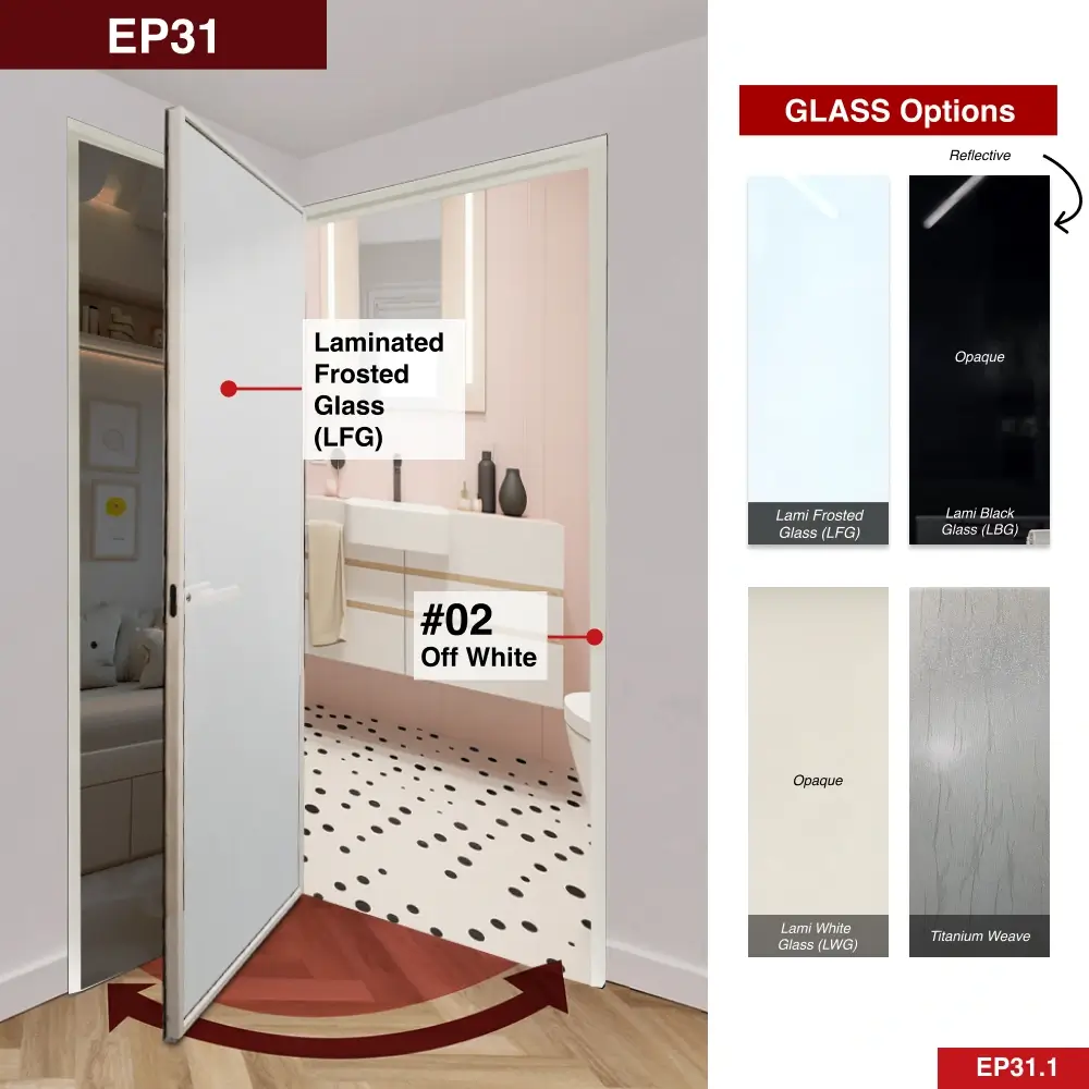 #02 Off White Aluminium Framed Y Door 1 Panel Swing door with VG Classy Invisible Hinge Swing System in with Panel A: Design Glass  Laminated Safety Frosted Glass for Bedroom and Bathroom