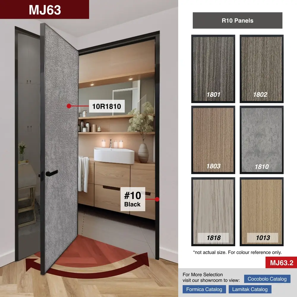 #10 Black Aluminium Framed Y Door, 1-Panel swing door with VG Classy Invisible Hinge Swing System, featuring Panel A No.63 High Pressure Laminate (HPL) on thick aluminium honeycomb panel for Bathroom