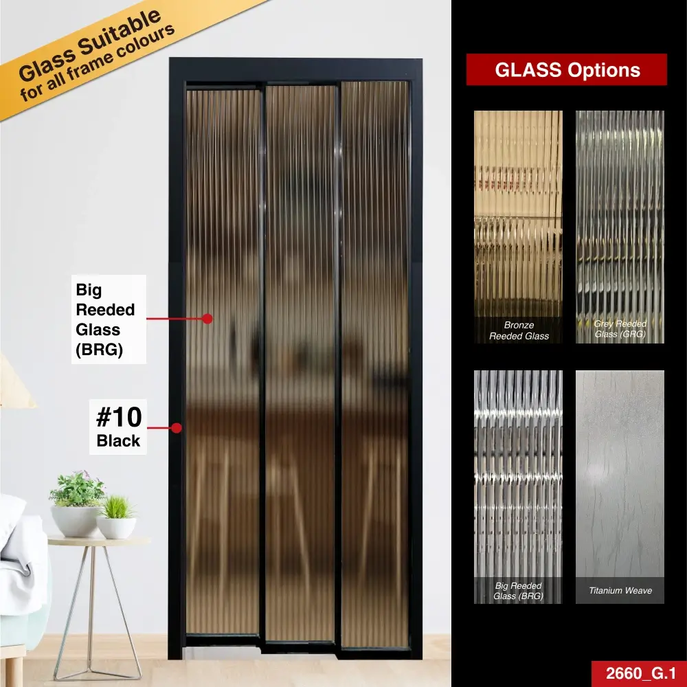#10 Black Top Hung Aluminium Framed L Shaped 3 Panel Slide & Swing Door (PD2660) with Slim Frame Q Hinge Swing System in  with Panel A: SI703 Single Gradation (Frosted), a panel with a gradual frosted effect for enhanced privacy and light diffusion for Living Room and Kitchen