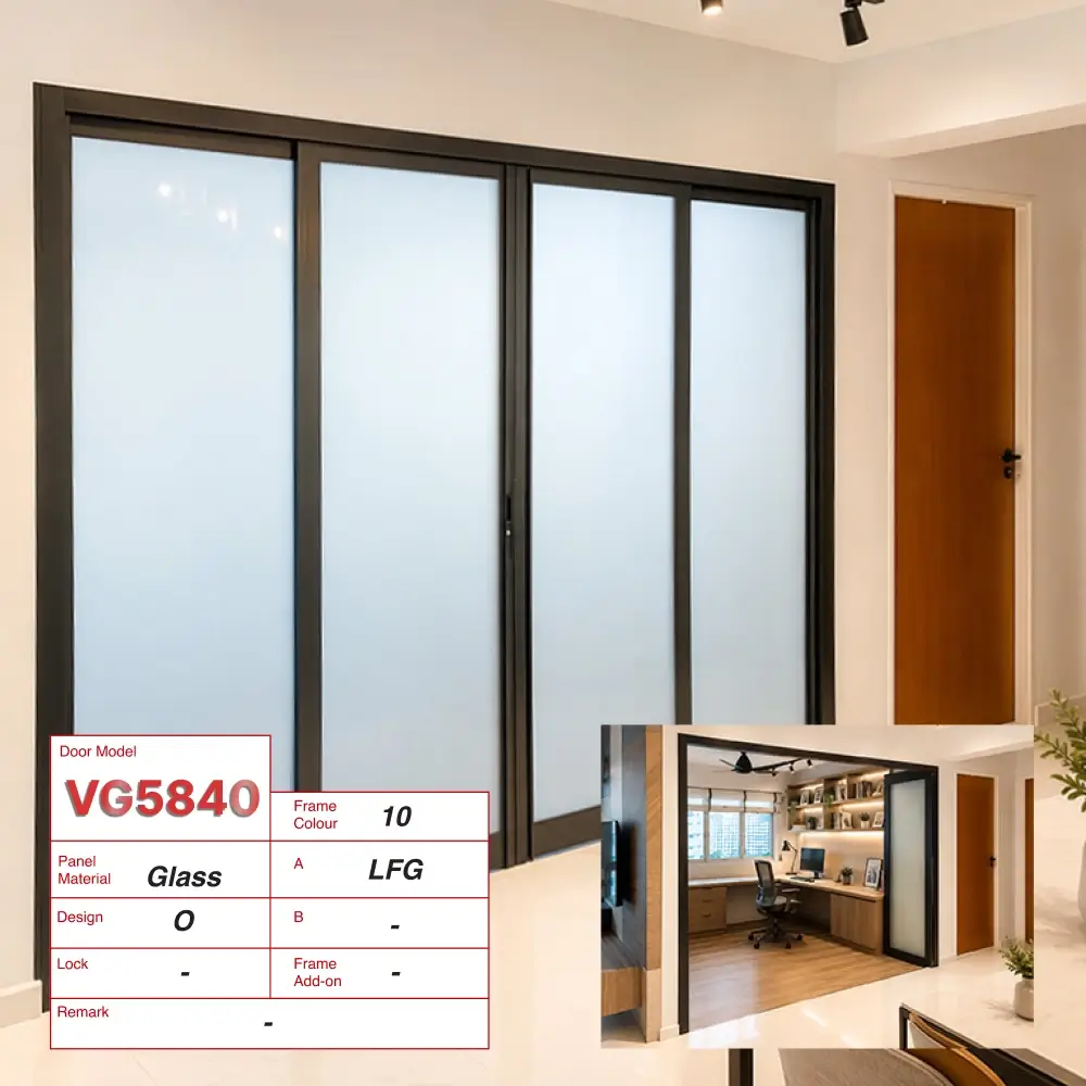 Black 4 Panel Study Divider with Custom Design using Grey Reeded Glass, Lami Clear Glass and beige marble like panels