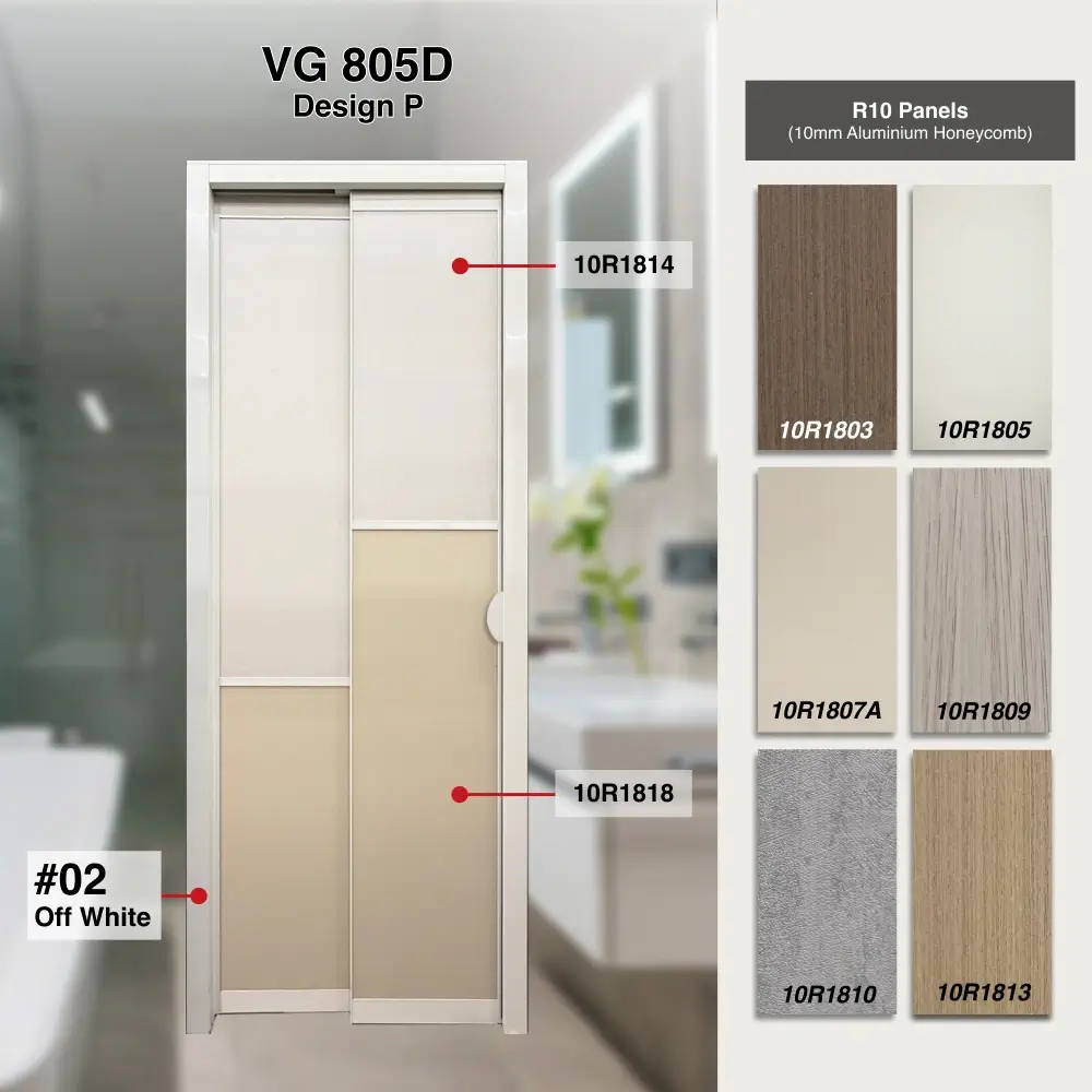 #02 Off White Top Hung Aluminium Framed Pd Door 4.0 (VG805D) with Slide & Swing System with Classy Invisible VG Hinge in Design P with Panel A: 10R 1814, a beige cloth-like textured thick waterproof aluminium honeycomb panel and Panel B: 10R 1818, a beige vertical lined textured thick waterproof aluminium honeycomb panel for Bathroom