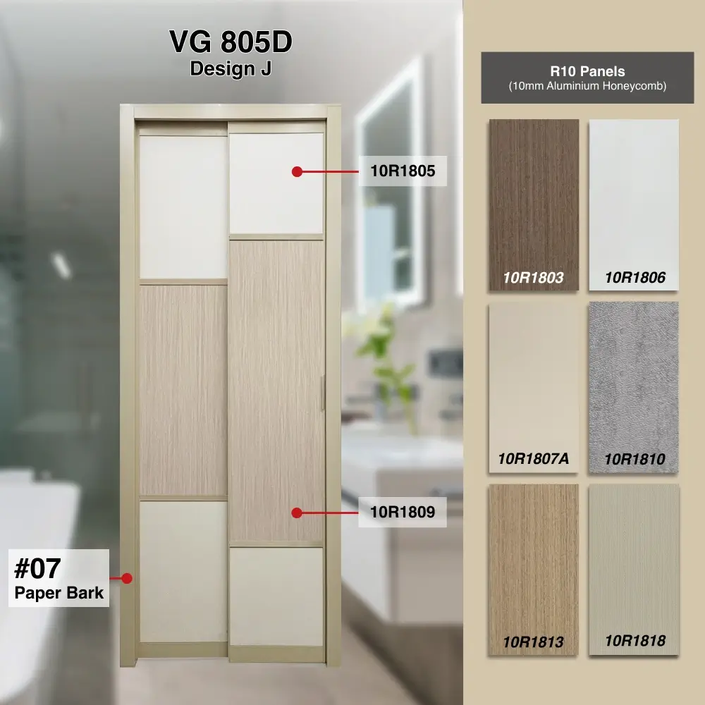 #07 Paper Bark Top Hung Aluminium Framed Pd Door 4.0 (VG805D) with Slide & Swing System with Classy Invisible VG Hinge in Design J with Panel A: 10R 1805, A white leather-like textured thick waterproof aluminium honeycomb panel and Panel B: 10R 1809, A light pink-colored, wood-grain textured thick waterproof aluminium honeycomb panel for Bathroom