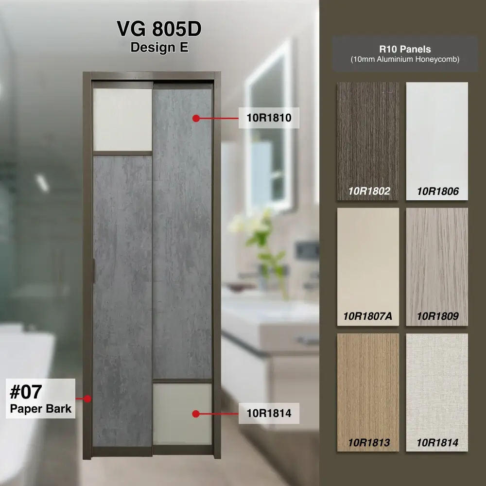 #08 Beige Grey Top Hung Aluminium Framed Pd Door 4.0 (VG805D) with Slide & Swing System with Classy Invisible VG Hinge in Design E with Panel A: 10R 1810, A grey-coloured concrete aesthectic textured thick waterproof aluminium honeycomb panel and Panel B: 10R 1814, a beige cloth-like textured thick waterproof aluminium honeycomb panel for Bathroom