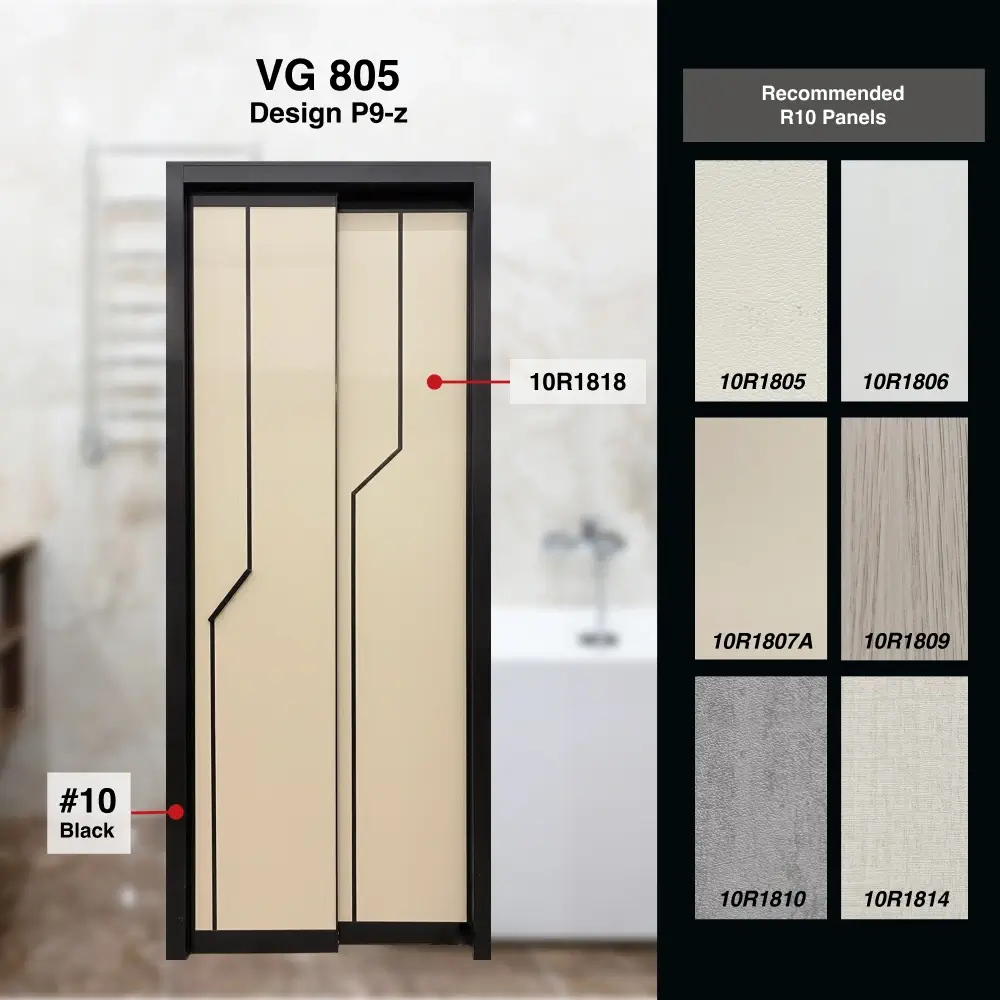 #10 Black Top Hung Aluminium Framed Pd Door 4.0 (VG805D) with Slide & Swing System with Classy Invisible VG Hinge in Design P9-z with Panel A: 10R 1818, a beige vertical lined textured thick waterproof aluminium honeycomb panel for Bathroom