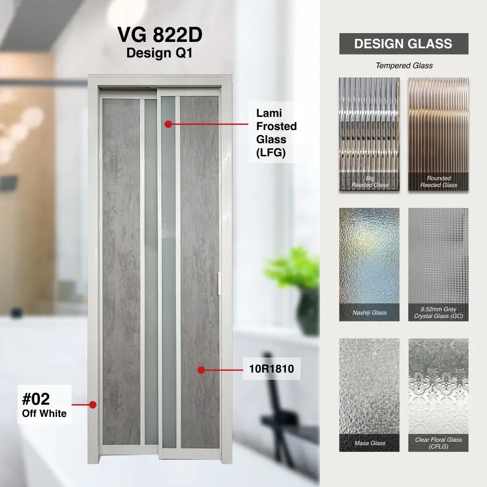 #02 Off White Top Hung Aluminium Framed Pd Door 4.0 (VG822D) with Slide & Swing System with Classy Invisible VG Hinge in Design Q1 with Panel A: Glass LFG Laminated Safety Frosted Glass and Panel B: 10R 1810, A grey-coloured concrete aesthectic textured thick waterproof aluminium honeycomb panel for Bathroom