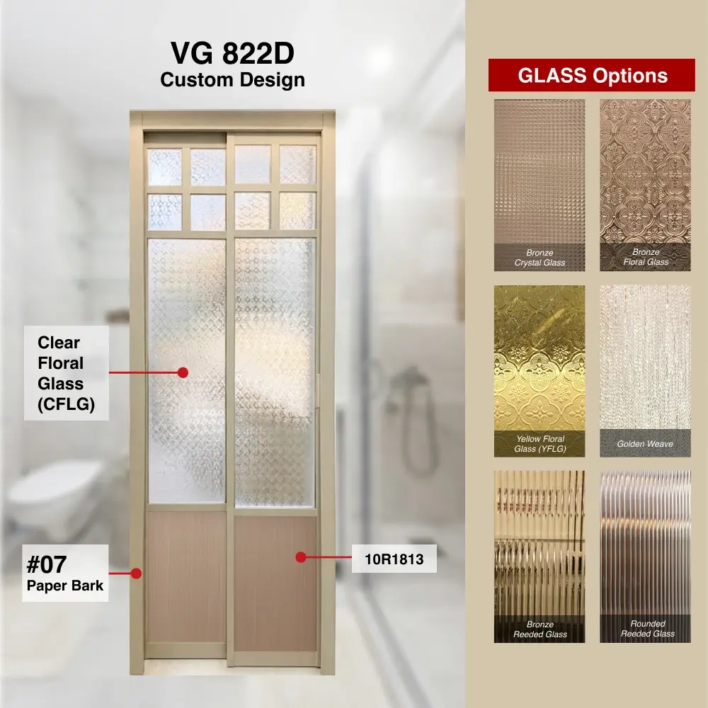 #07 Paper Bark Top Hung Aluminium Framed Pd Door 4.0 (VG822D) with Slide & Swing System with Classy Invisible VG Hinge in Custom Design with Panel A: Design Glass CFLG Clear Floral Glass, a Clear Peranakan Design Glass and Panel B: 10R  1813, A Light brown straight grain wood textured thick waterproof aluminium honeycomb panel for Bathroom