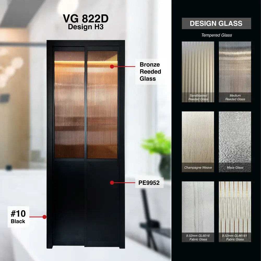 #10 Black Top Hung Aluminium Framed Pd Door 4.0 (VG822D) with Slide & Swing System with Classy Invisible VG Hinge in Design Q1 with Panel A: Design Glass BrRG Bronze Reeded (Fluted) Glass and Panel B: PE9952 Black matt coloured, smooth Waterproof Aluminium panel material for Bathroom