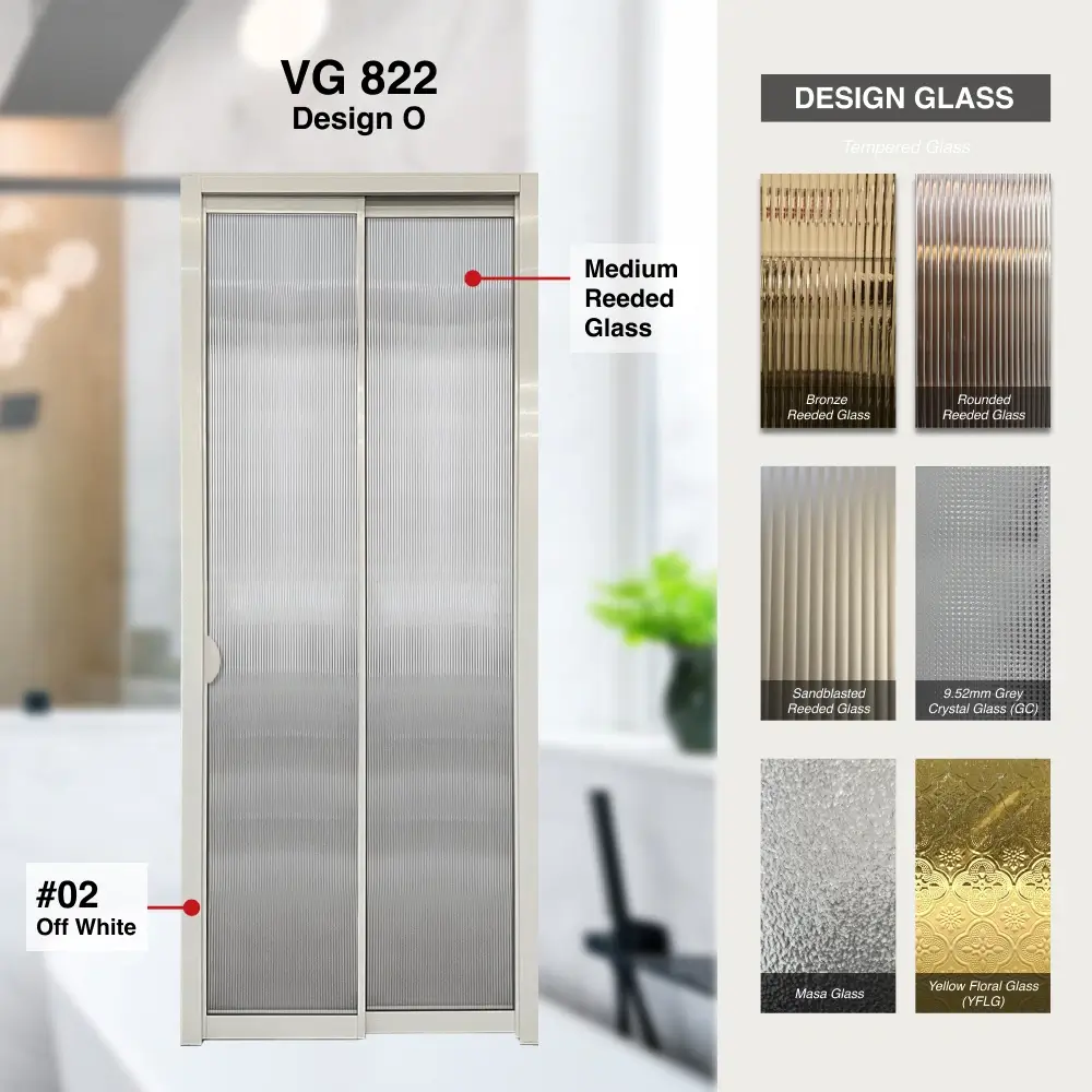 #02 Off White Top Hung Aluminium Framed Pd Door 4.0 (VG822) with Slide & Swing System with Classy Invisible VG Hinge in Design O with Panel A: Design Glass MRG Medium Reeded (Fluted) Glass for Bathroom