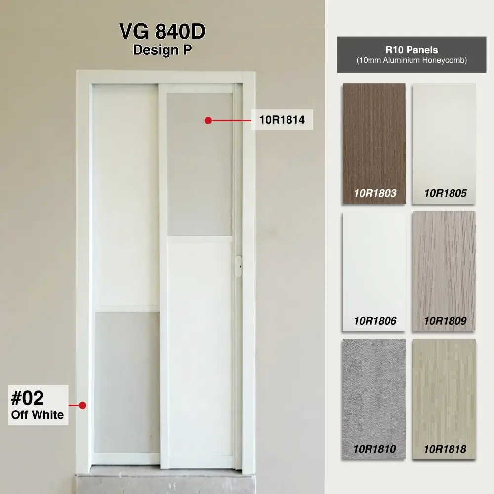 #02 Off White Top Hung Aluminium Framed Pd Door 4.0 (VG840D) with Slide & Swing System with Classy Invisible VG Hinge in Design P with Panel A: 10R 1806, A white glossy smooth textured thick waterproof aluminium honeycomb panel and Panel B: 10R 1814, a beige cloth-like textured thick waterproof aluminium honeycomb panel for Bathroom