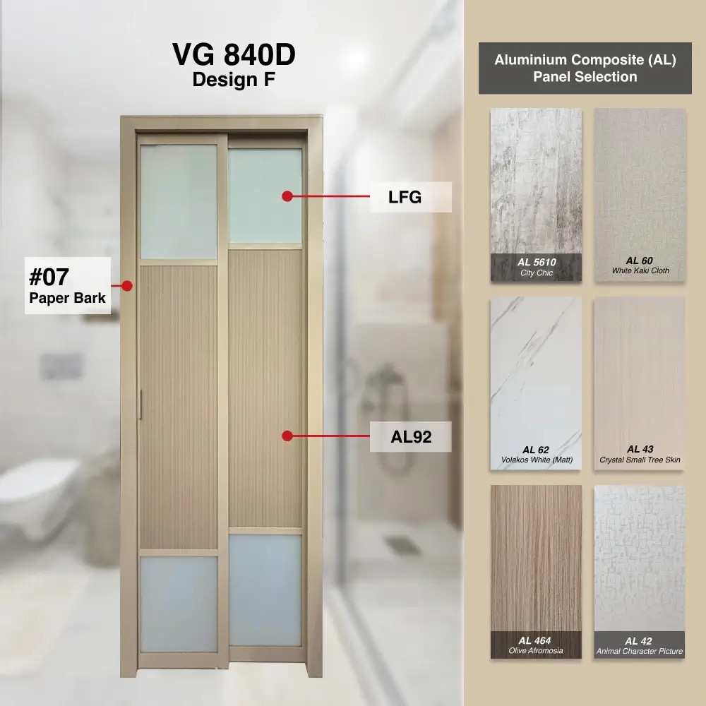 #07 Paper Bark Top Hung Aluminium Framed Pd Door 4.0 (VG840D) with Slide & Swing System with Classy Invisible VG Hinge in Design C with Panel A: Glass LFG Laminated Safety Frosted Glass and Panel B: AL 92, a warm beige wood-grain textured thick Waterproof Aluminium panel for Bathroom