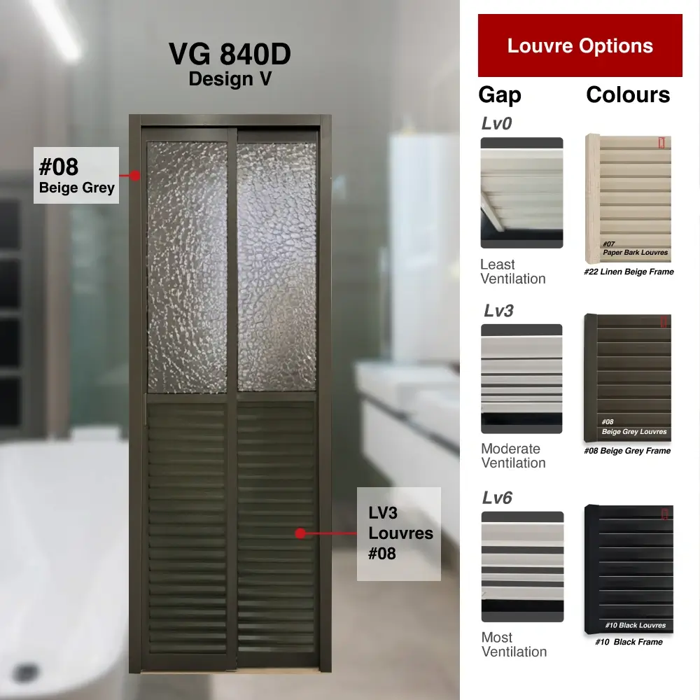 #08 Beige Grey Top Hung Aluminium Framed Pd Door 4.0 (VG840D) with Slide & Swing System with Classy Invisible VG Hinge in Design V with Panel A: Design Glass Oceanic Glass and Panel B: Louvres (with different gap sizes to choose from) for Bathroom