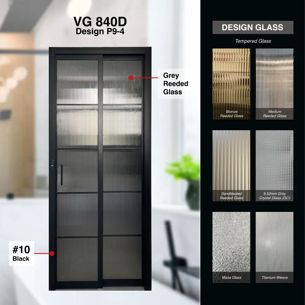 #10 Black Top Hung Aluminium Framed Pd Door 4.0 (VG840D) with Slide & Swing System with Classy Invisible VG Hinge in Design P9-4 with Panel A: Design Glass GBRTG Grey Reeded Glass for Bathroom