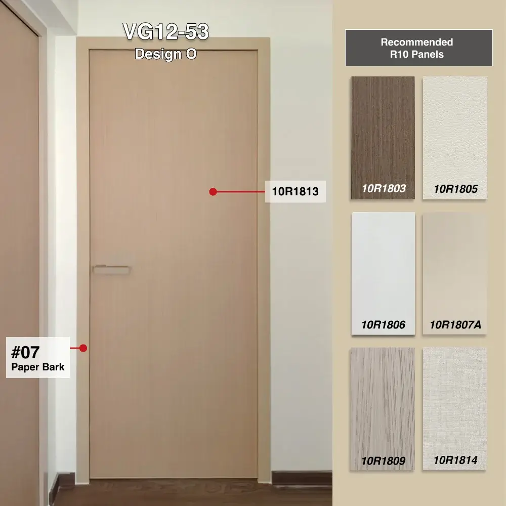 #07 Paper Bark Top Hung Aluminium Framed Swing Door (VG1253) with VG Classy Invisible Hinge Swing System in Design O with Panel A: 10R1813, A Light brown straight grain wood textured thick waterproof aluminium honeycomb panel for Bathroom