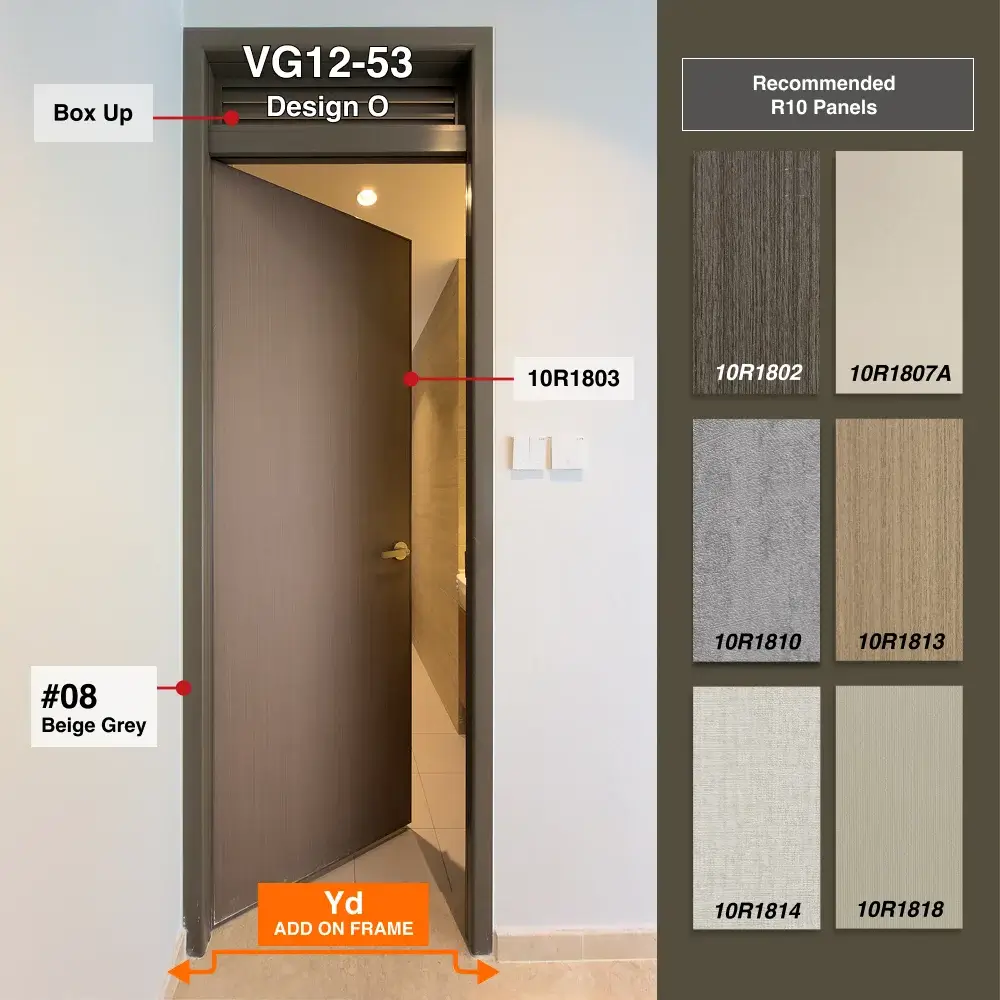 #08 Beige Grey Top Hung Aluminium Framed Swing Door (VG1253) with VG Classy Invisible Hinge Swing System & Yd Add-on Frame in Design O and Box Up with Panel A: 10R1803, A dark brown wooden textured thick waterproof aluminium honeycomb panel for Bathroom