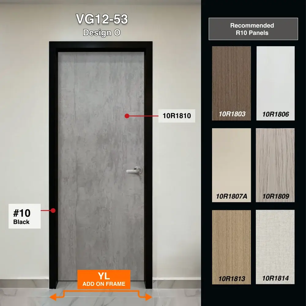 #10 Black Top Hung Aluminium Framed Swing Door (VG1253) with VG Classy Invisible Hinge Swing System & YL Add-on Frame  in Design O with Panel A: 10R1810, A grey-coloured concrete aesthectic textured thick waterproof aluminium honeycomb panel for Bathroom