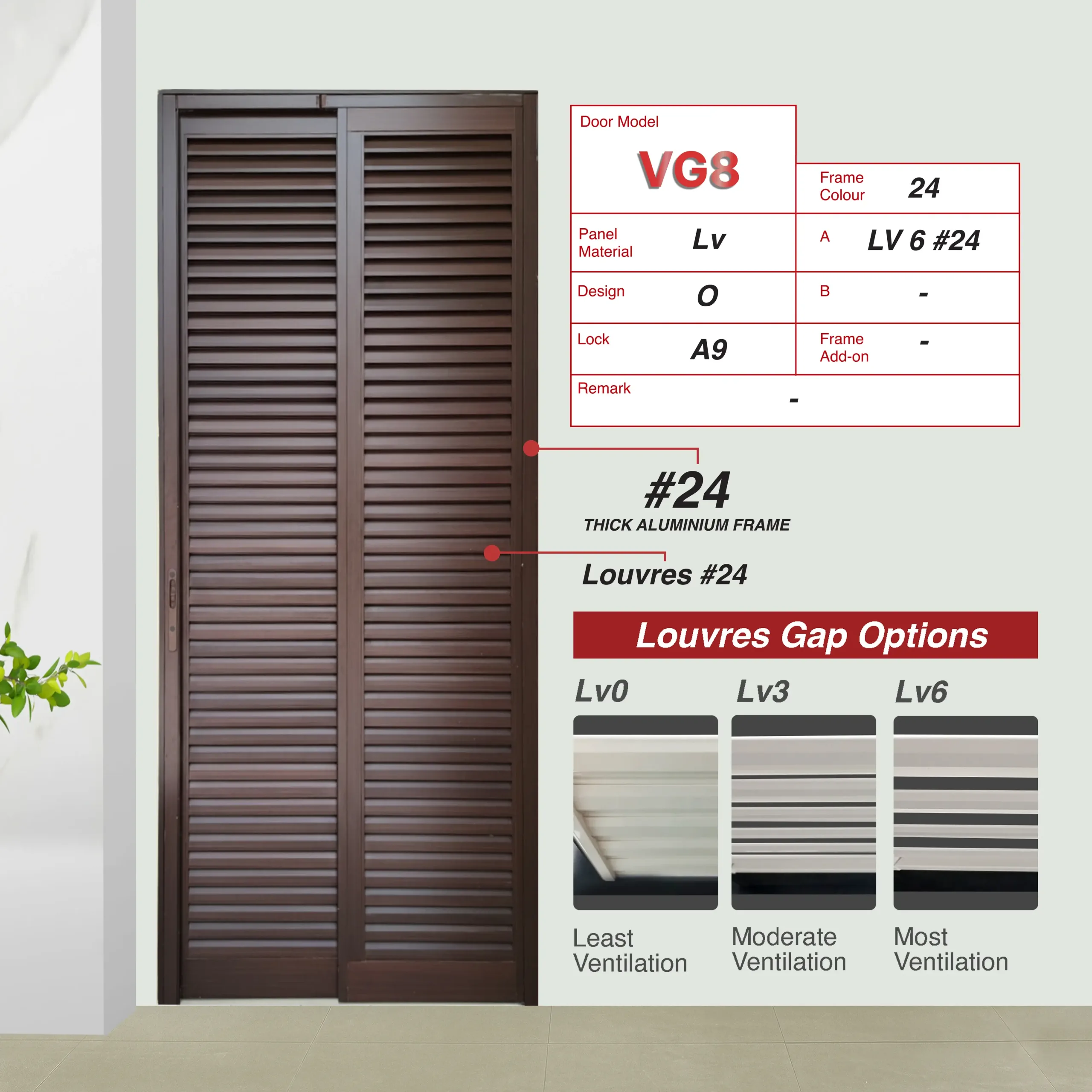 #24 Woodgrain Walnut Top Hung Aluminium Framed Pd Door 4.0 (VG740) with Slide & Swing System with Classy Invisible VG Hinge in Design O with Panel A: Louvres (with different gap sizes to choose from) for Bathroom